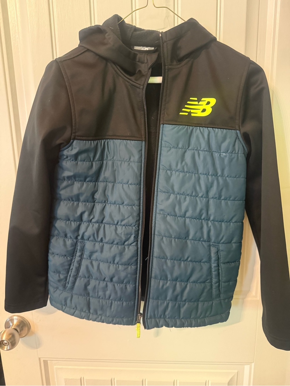 New Balance Youth Blue & Black Quilted Hooded Jacket with Neon Logo